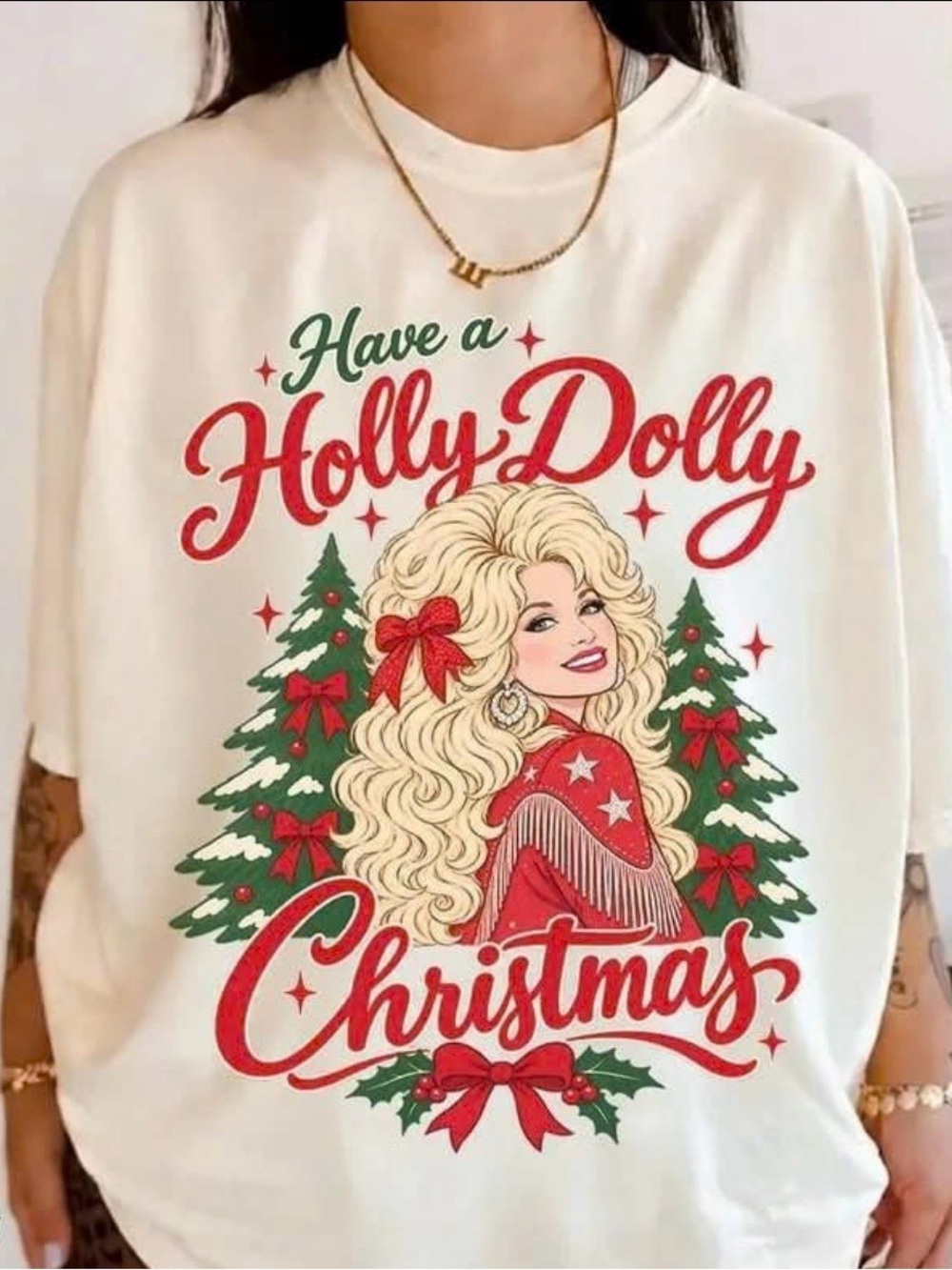 Cream 'Have a Holly Dolly Christmas' Graphic Tee